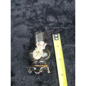 Vintage Japanese Mini Vase Marked "JAPAN" on Base Black Glaze Floral Detail